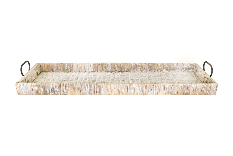 Creative Co-Op Oversize Decorative Rattan Tray with Metal Handles, Tan, Whitewashed - Image 1