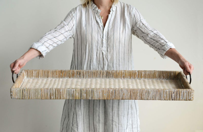 Creative Co-Op Oversize Decorative Rattan Tray with Metal Handles, Tan, Whitewashed - Image 2