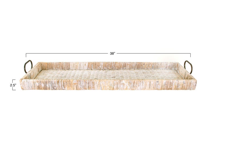 Creative Co-Op Oversize Decorative Rattan Tray with Metal Handles, Tan, Whitewashed - Image 5