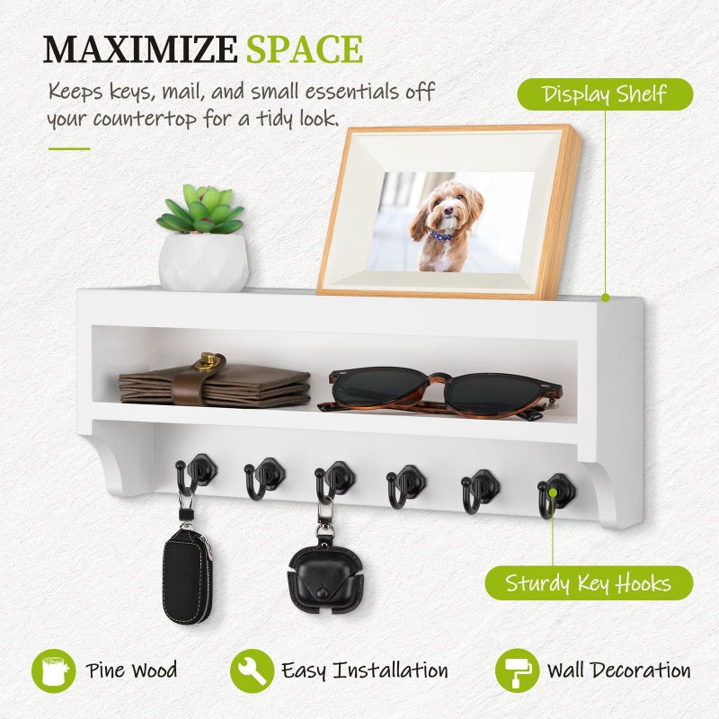 Nekon Key Holder Wall Mount, 12.8" W x 5.6" H x 3.7" D Wall Mounted Key and Mail Organizer with 6 Key Hooks, Key Racks for Home Entryway Decor (White) - Image 2