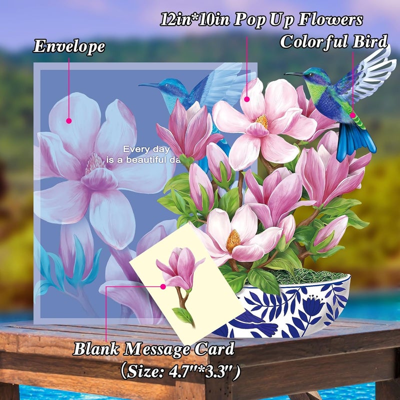 Airpark 3D Pop Up Paper Flowers Bouquet Card 12’‘ with Note & Envelope, Birthday Gifts, Get Well, Thank You, Greeting Cards for Women Mom Wife Friends, Magnolia & Bird - Image 4