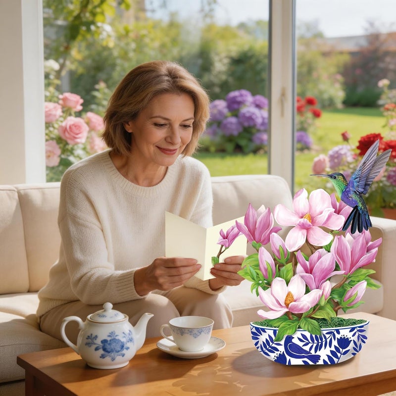 Airpark 3D Pop Up Paper Flowers Bouquet Card 12’‘ with Note & Envelope, Birthday Gifts, Get Well, Thank You, Greeting Cards for Women Mom Wife Friends, Magnolia & Bird - Image 2
