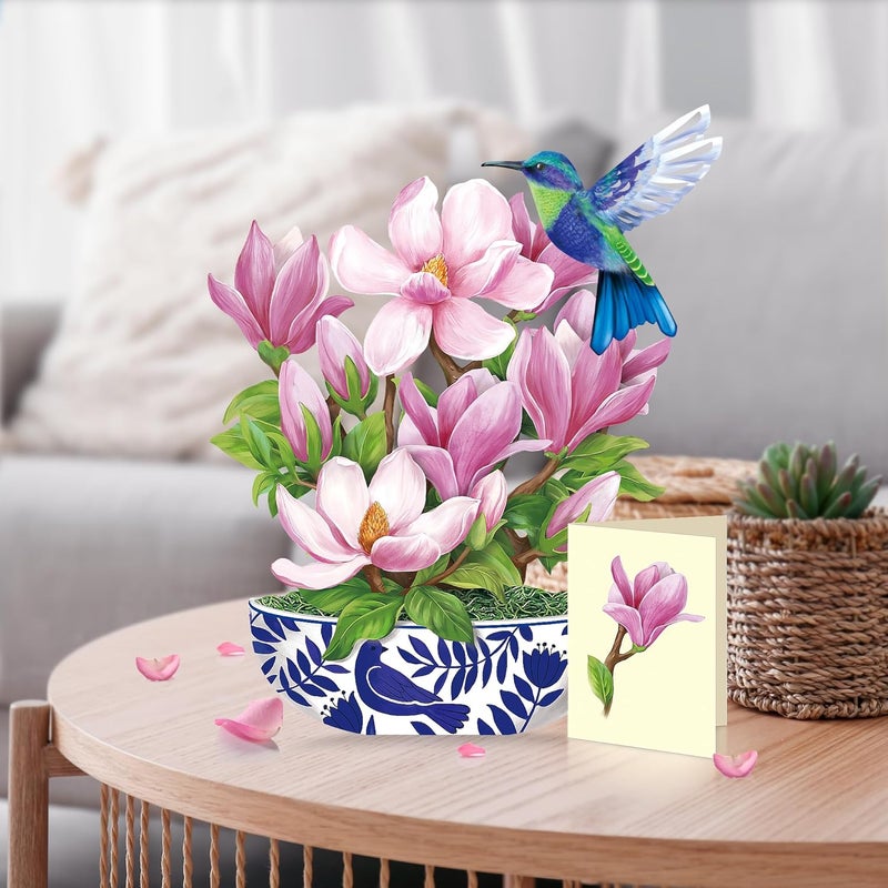 Airpark 3D Pop Up Paper Flowers Bouquet Card 12’‘ with Note & Envelope, Birthday Gifts, Get Well, Thank You, Greeting Cards for Women Mom Wife Friends, Magnolia & Bird - Image 3