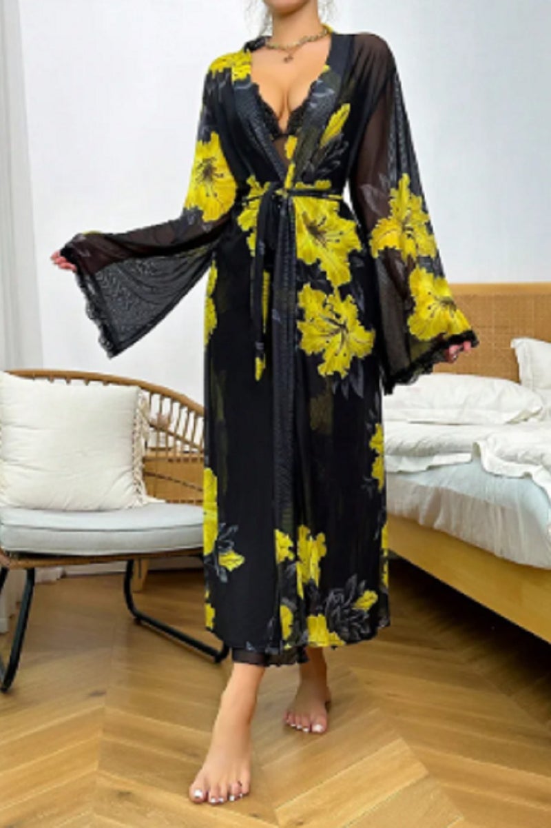 MANIKAN MANIKAN Women’s Lingerie Set Sheer Dress with Thin Straps and Long Robe with Floral Print  - Image 2
