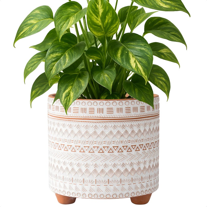 D'vine Dev 8 Inch Terracotta Planter Pot, Modern Design Ceramic Plants Pot with Drainage Hole, Saharan Script, 33-953-D-1 - Image 1