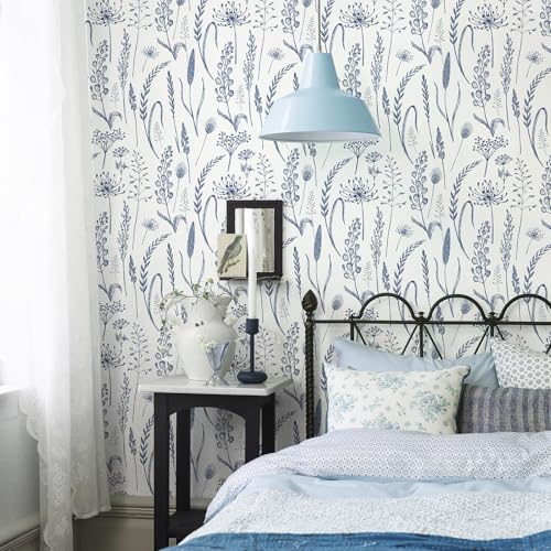 JiffDiff Peel and Stick Wallpaper Farmhouse Vintage Floral Contact Paper Wheat Meadow Removable Self Adhesive Wallpaper Blue and White (14.2 sq.ft) - Image 2