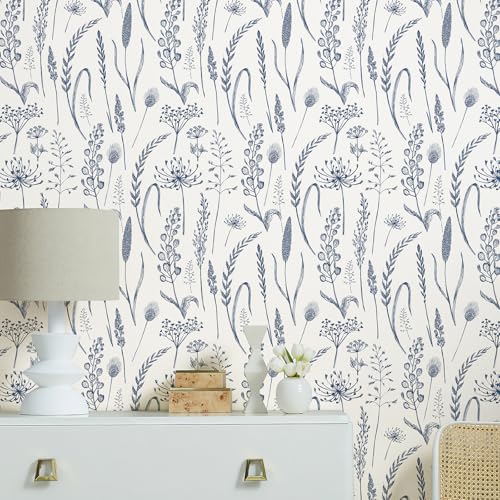 JiffDiff Peel and Stick Wallpaper Farmhouse Vintage Floral Contact Paper Wheat Meadow Removable Self Adhesive Wallpaper Blue and White (14.2 sq.ft) - Image 1