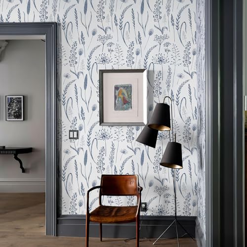 JiffDiff Peel and Stick Wallpaper Farmhouse Vintage Floral Contact Paper Wheat Meadow Removable Self Adhesive Wallpaper Blue and White (14.2 sq.ft) - Image 5