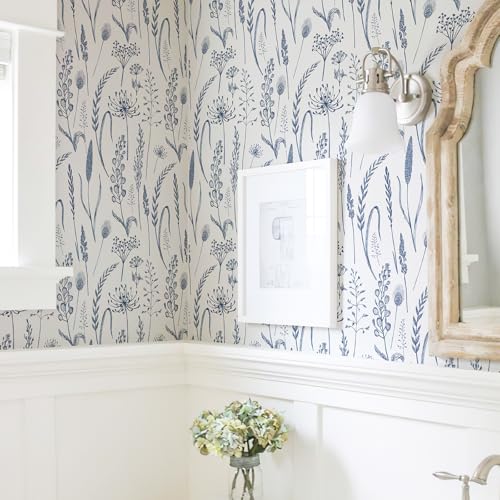 JiffDiff Peel and Stick Wallpaper Farmhouse Vintage Floral Contact Paper Wheat Meadow Removable Self Adhesive Wallpaper Blue and White (14.2 sq.ft) - Image 4