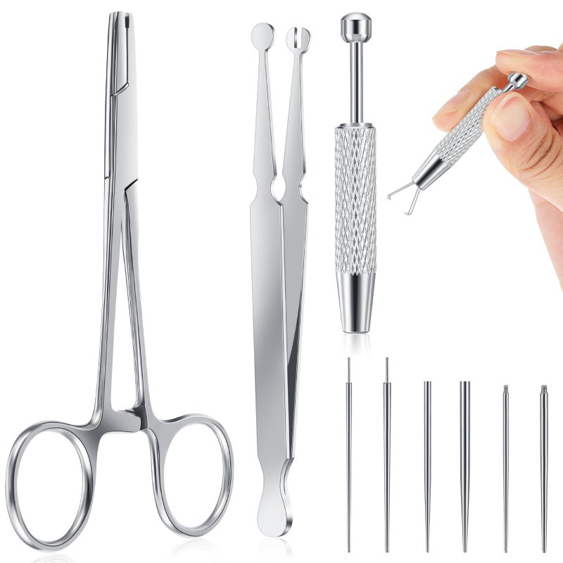 Mysora 9pcs Kit Stainless Steel Piercing Ball Grabber Tools/ 3mm Piercing Ball Screw Removal Tool/Reusable Bead Clamping Assistant Tool for Changing Jewelry&14g 16g 18g Piercings Taper Stretching Kit - Image 1