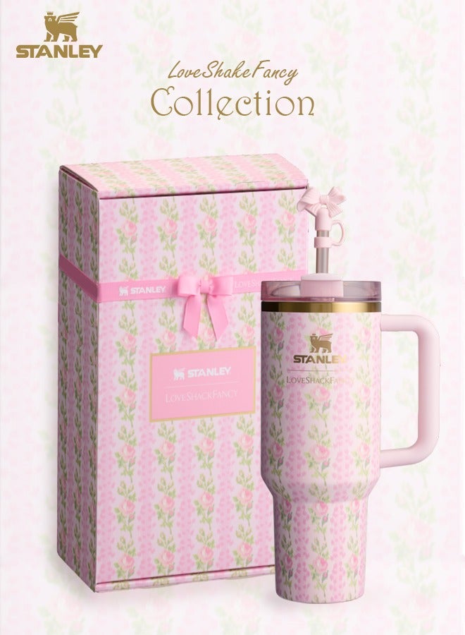 Stanley Love Shack Fancy H2.0 Flow State 40oz Pink Rose Cortex Tumbler, Stainless Steel Vacuum Insulated Quencher with Lid, Straw, and Stopper, Ideal for Water and Iced Tea, Keeps Drinks Cold, Presented in Elegant Gift-Ready Packaging - Image 1