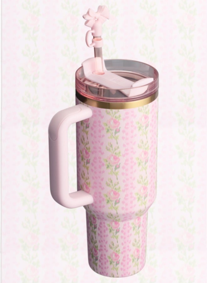 Stanley Love Shack Fancy H2.0 Flow State 40oz Pink Rose Cortex Tumbler, Stainless Steel Vacuum Insulated Quencher with Lid, Straw, and Stopper, Ideal for Water and Iced Tea, Keeps Drinks Cold, Presented in Elegant Gift-Ready Packaging - Image 2