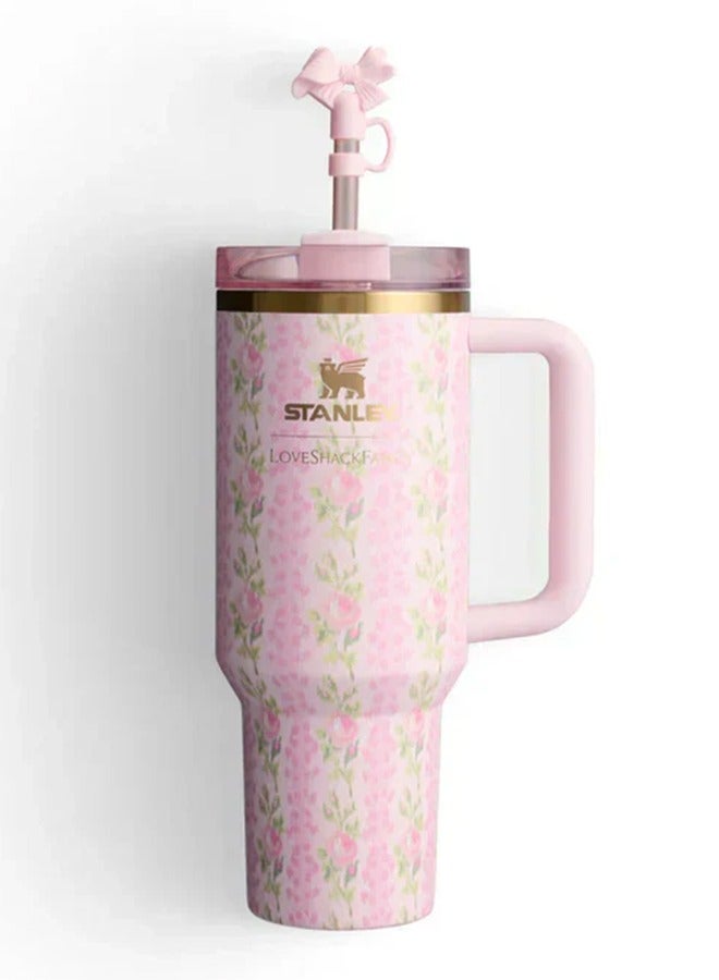 Stanley Love Shack Fancy H2.0 Flow State 40oz Pink Rose Cortex Tumbler, Stainless Steel Vacuum Insulated Quencher with Lid, Straw, and Stopper, Ideal for Water and Iced Tea, Keeps Drinks Cold, Presented in Elegant Gift-Ready Packaging - Image 5