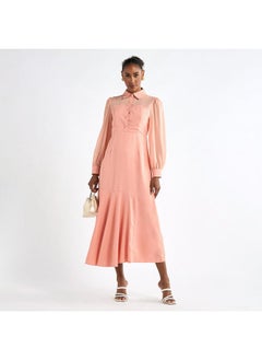 FAV Solid A-line Shirt Dress with Long Sleeves  - Image 2