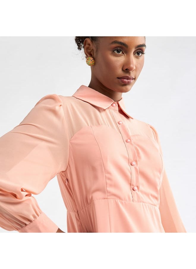 FAV - Solid A-line Shirt Dress with Long Sleeves - Image 1