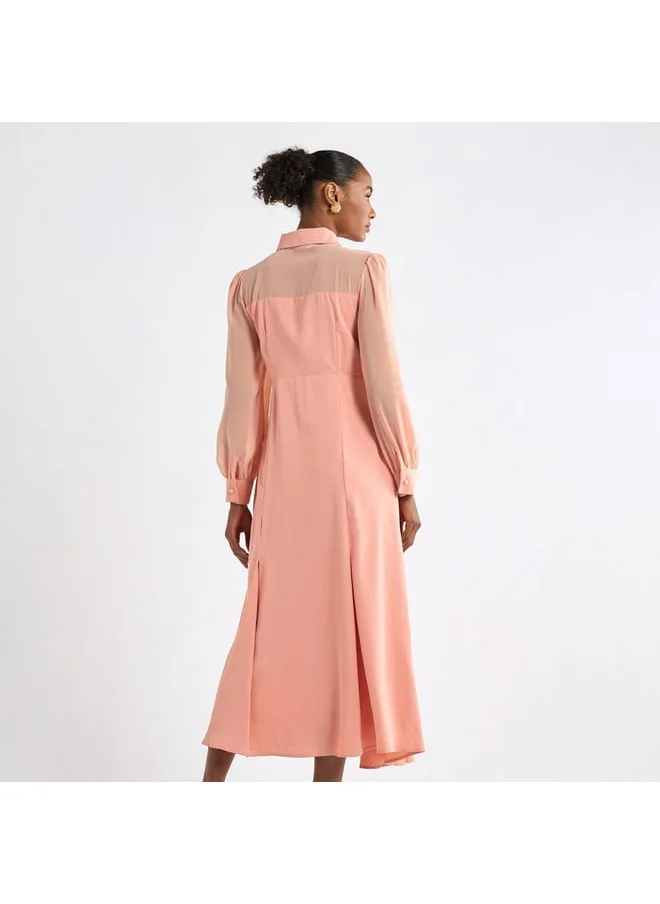 Splash FAV Solid A-line Shirt Dress with Long Sleeves