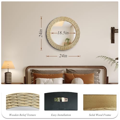 WAMIRRO Gold Round Wood Wall Mount Mirror, 24 Inch Hand Carved Solid Wood Frame Circle Mirror, Farmhouse Boho Decor for Living Room, Bathroom, Bedroom, Hallway & Entryway - Image 4