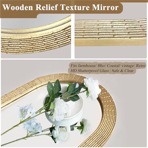 WAMIRRO Gold Round Wood Wall Mount Mirror, 24 Inch Hand Carved Solid Wood Frame Circle Mirror, Farmhouse Boho Decor for Living Room, Bathroom, Bedroom, Hallway & Entryway - Image 3