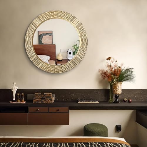 WAMIRRO Gold Round Wood Wall Mount Mirror, 24 Inch Hand Carved Solid Wood Frame Circle Mirror, Farmhouse Boho Decor for Living Room, Bathroom, Bedroom, Hallway & Entryway - Image 2