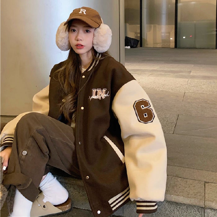 Fleece-lined thickened baseball uniform womens autumn and winter ins trendy Korean style student all-match jacket bf lazy style womens clothing Brown 