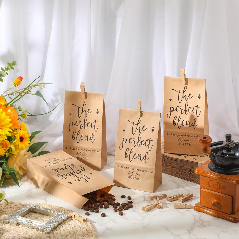 Noveread 100 Sets Wedding Party Favors for Guests Coffee Bean Bags Bulk The Perfect Blend Bags Kraft Paper Gift Bag with Mini Wooden Clips Thank You Gift for Cookies Bridal Wedding, No Coffee Bean - Image 4