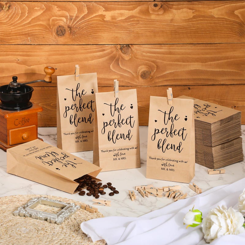 Noveread 100 Sets Wedding Party Favors for Guests Coffee Bean Bags Bulk The Perfect Blend Bags Kraft Paper Gift Bag with Mini Wooden Clips Thank You Gift for Cookies Bridal Wedding, No Coffee Bean - Image 5