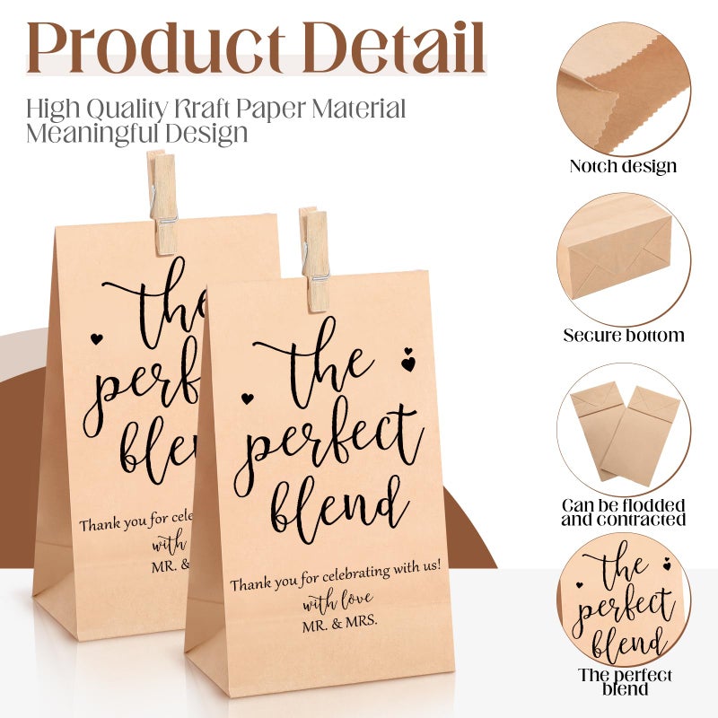 Noveread 100 Sets Wedding Party Favors for Guests Coffee Bean Bags Bulk The Perfect Blend Bags Kraft Paper Gift Bag with Mini Wooden Clips Thank You Gift for Cookies Bridal Wedding, No Coffee Bean - Image 2
