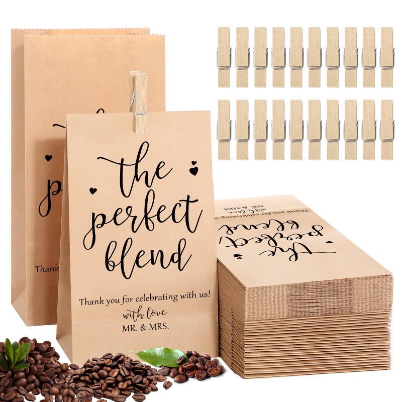 Noveread 100 Sets Wedding Party Favors for Guests Coffee Bean Bags Bulk The Perfect Blend Bags Kraft Paper Gift Bag with Mini Wooden Clips Thank You Gift for Cookies Bridal Wedding, No Coffee Bean - Image 1