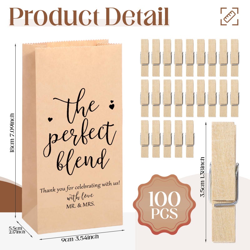 Noveread 100 Sets Wedding Party Favors for Guests Coffee Bean Bags Bulk The Perfect Blend Bags Kraft Paper Gift Bag with Mini Wooden Clips Thank You Gift for Cookies Bridal Wedding, No Coffee Bean - Image 3