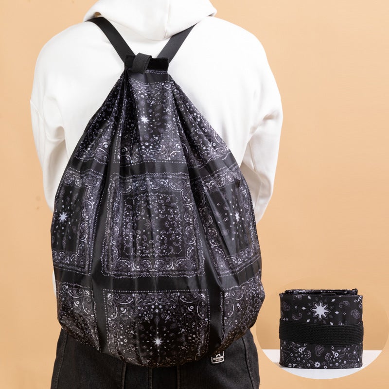 Japanese-style folding travel shopping bag backpack portable shopping bag large capacity clothes storage bag Big white flowers on shoulders