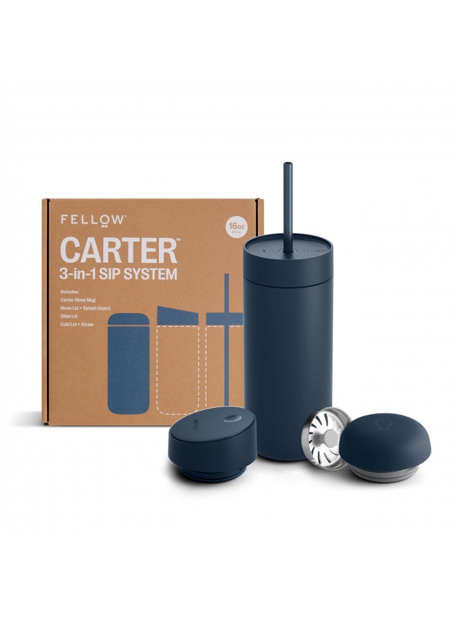 FELLOW Fellow 16 oz Carter Bundle (3 in 1) Travel Mug with Slide-Lock, Move & Cold Lids with Straw - To-Go Coffee Tumbler, Ceramic Interior & Vacuum-Insulated Stainless Steel - Coffee Cups-Stone Blue  - Image 1