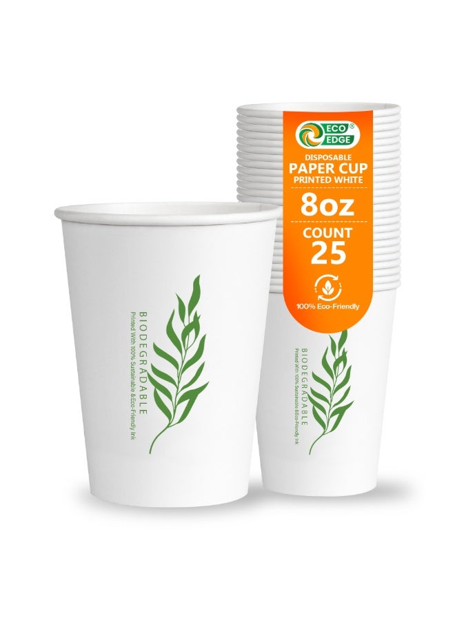EcoEdge 8 Oz Disposable Heavy-Duty Party Paper Cups (Pack of 25) | Printed White, Ideal for Expresso Coffee and Water | Eco-Friendly, Leakproof, BPA and Plastic Free | All Occasions | 100% Compostable - Image 1