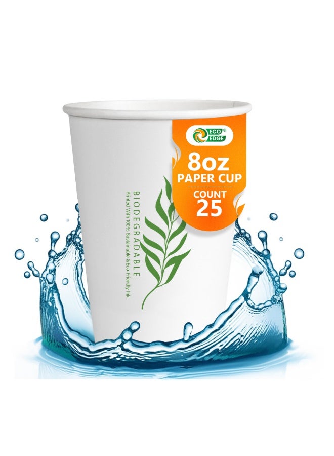 EcoEdge 8 Oz Disposable Heavy-Duty Party Paper Cups (Pack of 25) | Printed White, Ideal for Expresso Coffee and Water | Eco-Friendly, Leakproof, BPA and Plastic Free | All Occasions | 100% Compostable - Image 2