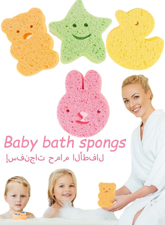 4 قطع من مجموعة إسفنج الاستحمام المصنوعة من لب الخشب والقطن للأطفال، بتصميم كرتوني لطيف على شكل أرنب وبطة ودب، إسفنج استحمام طبيعي ناعم ويمتص الماء، رغوة لطيفة على بشرة الأطفال الرضع، آمنة على البشرة، مضادة للحساسية، إكسسوارات الاستحمام - Image 1