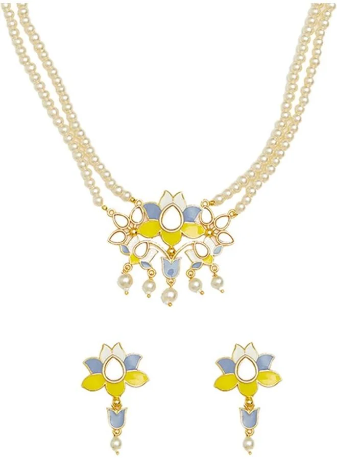 VOYLLA Antique Elegance Faux Adorned Brass Plated Jewellery Set, Onesize, Brass, No Gemstone