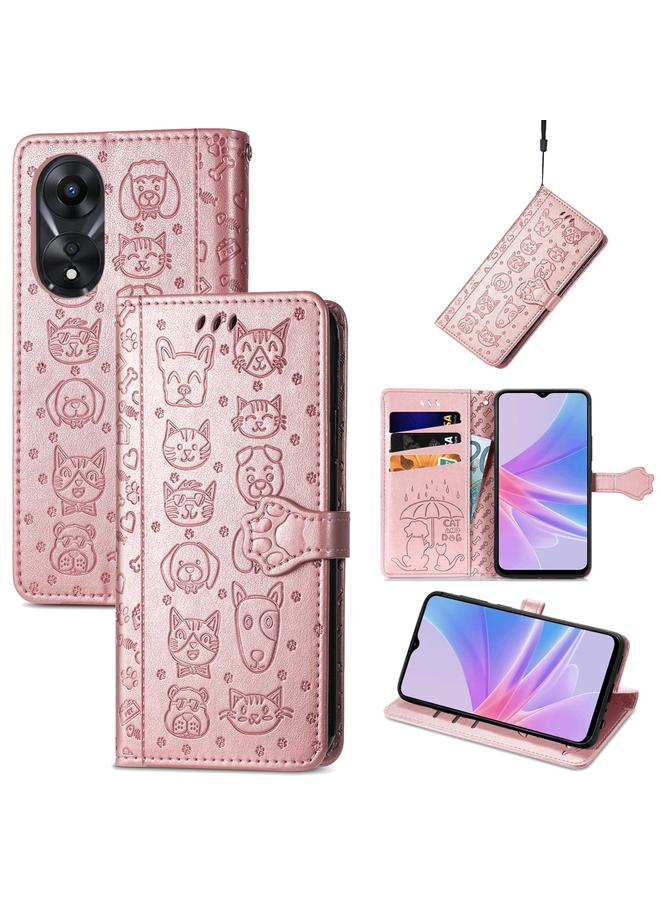 اس-توب جراب لهاتف OPPO A58 4G مصنوع من الجلد المنقوش بنقشة قطة وكلب - Image 1