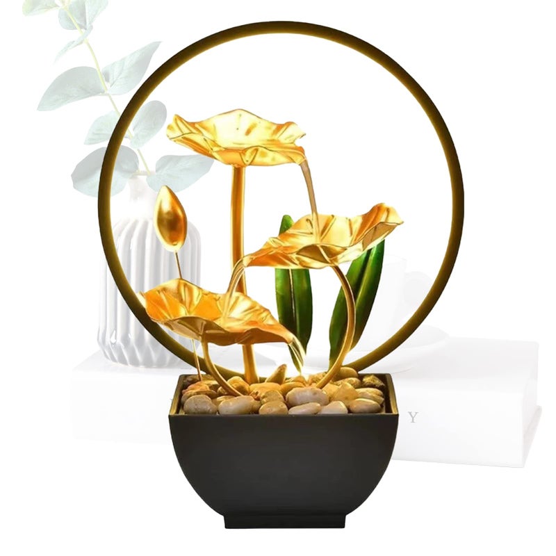 Tuzsocr Indoor Tabletop Fountain3Tiers Lotus Leaf Small Waterfall FountainsResin Meditation FountainZen Relaxation FountainWith LED Light And Pebblesfor Home Bedroom Office Yuga Decor Style 2