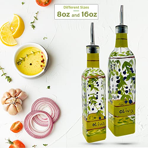 Containly Hand Painted Glass Oliva Branch Oil/Vinegar Glass Cruet for Kitchen, 16 oz Olive Oil Dispenser With Stainless Steel Spout for Easy Pouring - Image 3