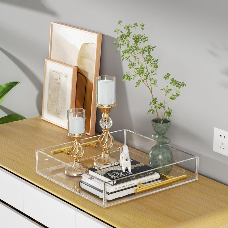 NIUBEE Clear Serving Tray 12x12 Inches -Spill Proof- Acrylic Decorative Tray Organiser for Ottoman Coffee Table Countertop with Round Handles - Image 5