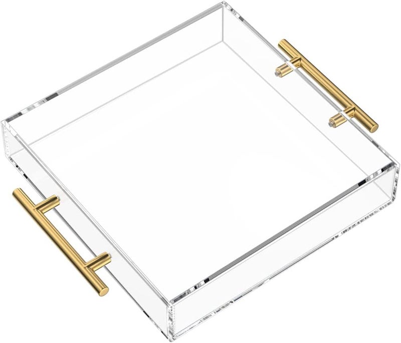 NIUBEE Clear Serving Tray 12x12 Inches -Spill Proof- Acrylic Decorative Tray Organiser for Ottoman Coffee Table Countertop with Round Handles - Image 1