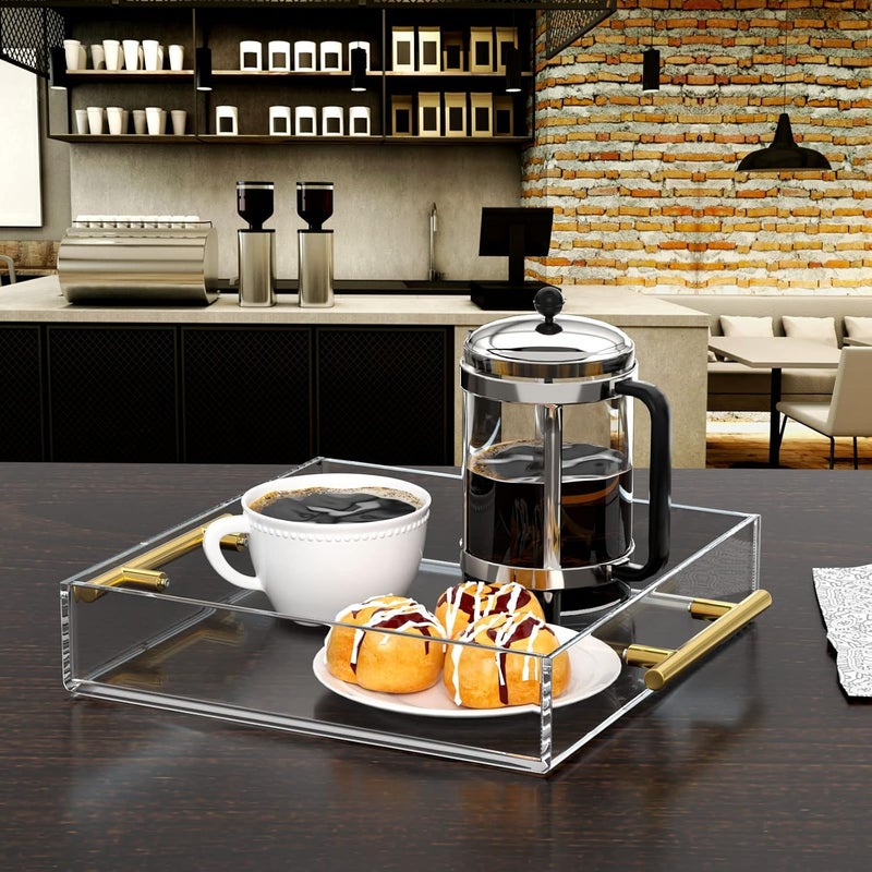 NIUBEE Clear Serving Tray 12x12 Inches -Spill Proof- Acrylic Decorative Tray Organiser for Ottoman Coffee Table Countertop with Round Handles - Image 2