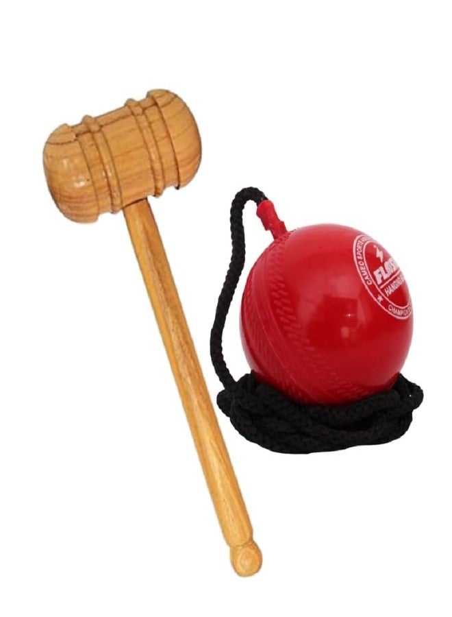 GudyB Synthetic Ball with a Cord Cricket Hanging & Knocking Ball for Indoor & Outdoor Training, Practice, Batting and Wooden Mallet Hammer for Knocking Cricket Bat - Image 1