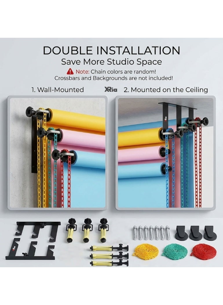 XRIA 3 Roller Backdrop Wall Mount System with Chain Drive Photography Background Support for Paper Muslin Vinyl Wall or Ceiling Mount - Image 2