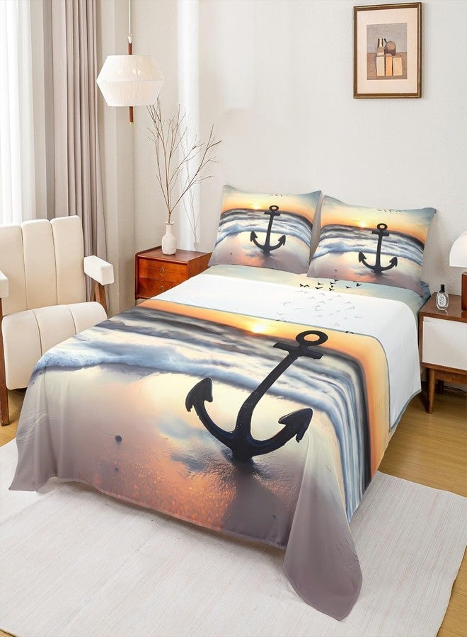 طقم ملاءات سرير بتصميم مرساة، مقاس كوين، بنمط بحري، مناسب للأطفال من الجنسين، ملاءات شاطئية مع ملاءة مثبتة بجيب عميق، مصنوع من الألياف الدقيقة، طقم مفروشات غروب الشمس، طقم سرير مطبوع عليه مرساة بتقنية الطباعة ثلاثية الأبعاد. - Image 2