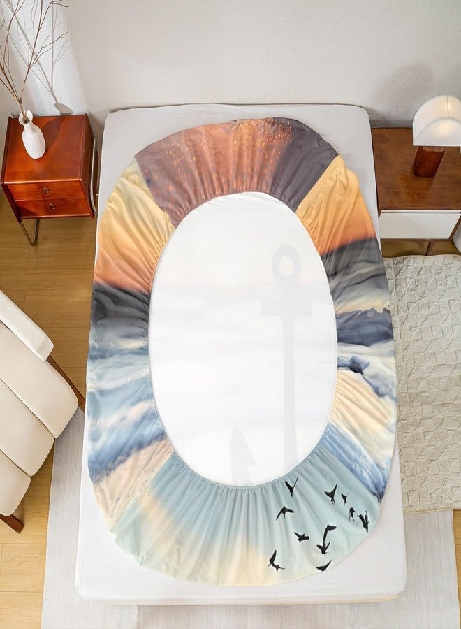 طقم ملاءات سرير بتصميم مرساة، مقاس كوين، بنمط بحري، مناسب للأطفال من الجنسين، ملاءات شاطئية مع ملاءة مثبتة بجيب عميق، مصنوع من الألياف الدقيقة، طقم مفروشات غروب الشمس، طقم سرير مطبوع عليه مرساة بتقنية الطباعة ثلاثية الأبعاد. - Image 4