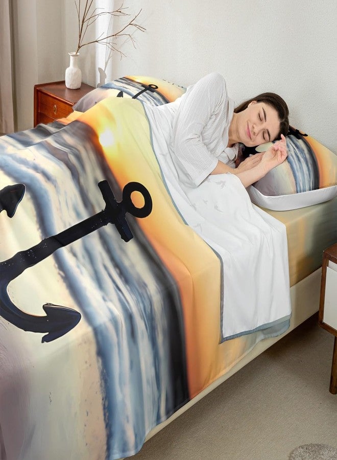 طقم ملاءات سرير بتصميم مرساة، مقاس كوين، بنمط بحري، مناسب للأطفال من الجنسين، ملاءات شاطئية مع ملاءة مثبتة بجيب عميق، مصنوع من الألياف الدقيقة، طقم مفروشات غروب الشمس، طقم سرير مطبوع عليه مرساة بتقنية الطباعة ثلاثية الأبعاد. - Image 3