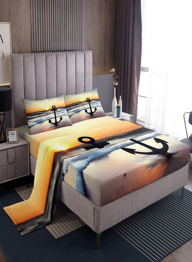 طقم ملاءات سرير بتصميم مرساة، مقاس كوين، بنمط بحري، مناسب للأطفال من الجنسين، ملاءات شاطئية مع ملاءة مثبتة بجيب عميق، مصنوع من الألياف الدقيقة، طقم مفروشات غروب الشمس، طقم سرير مطبوع عليه مرساة بتقنية الطباعة ثلاثية الأبعاد. - Image 1