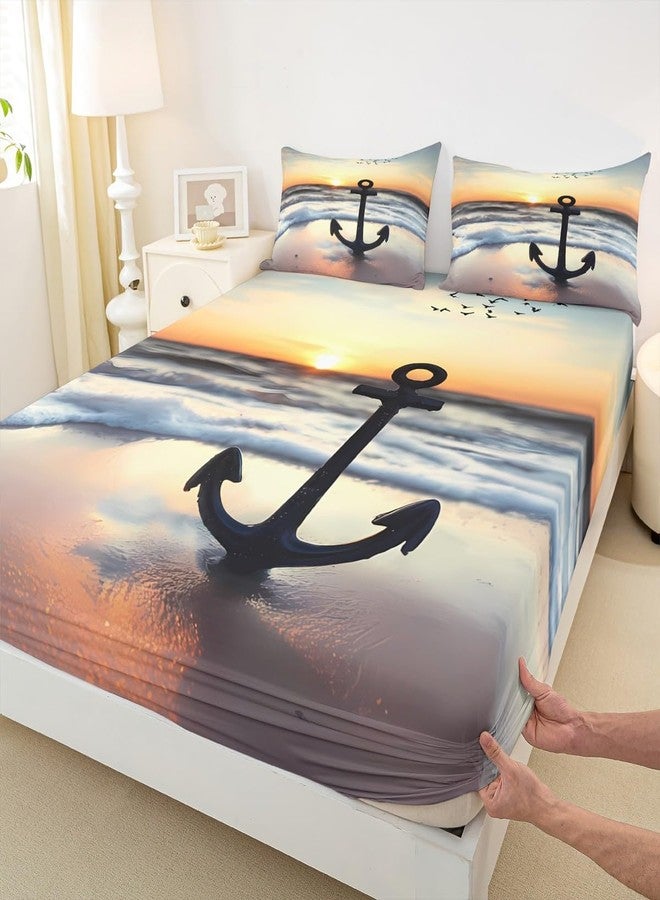 طقم ملاءات سرير بتصميم مرساة، مقاس كوين، بنمط بحري، مناسب للأطفال من الجنسين، ملاءات شاطئية مع ملاءة مثبتة بجيب عميق، مصنوع من الألياف الدقيقة، طقم مفروشات غروب الشمس، طقم سرير مطبوع عليه مرساة بتقنية الطباعة ثلاثية الأبعاد. - Image 5