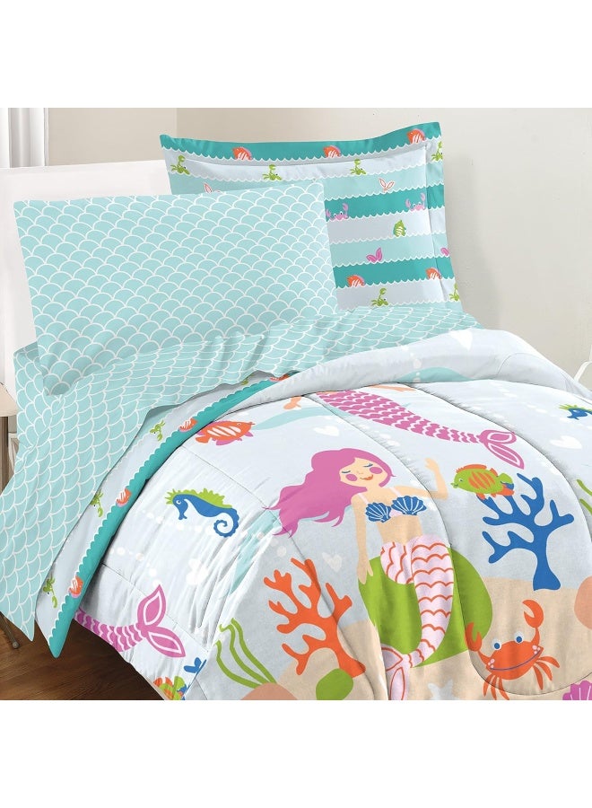 Dream Factory Easy-Wash Super Soft Microfiber Comforter Bedding, Polyester, Light Blue Mermaid Dreams, Full - Image 1