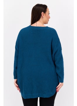 Black Tape Women Plus Size Long Sleeve Textured Sweater, Teal Blue 